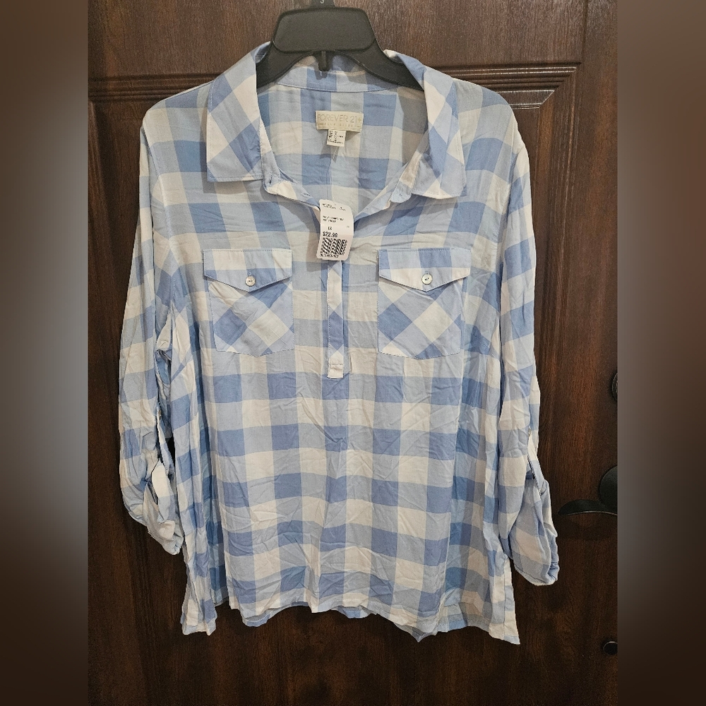 Forever 21 Blue and White Checkered Blouse - Picture 2 of 7